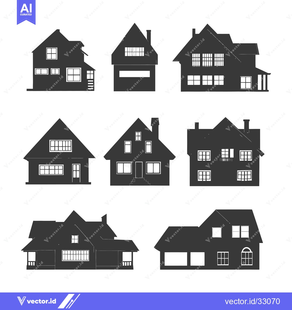 Premium Vector of Collection of Eight Black and White House Silhouettes