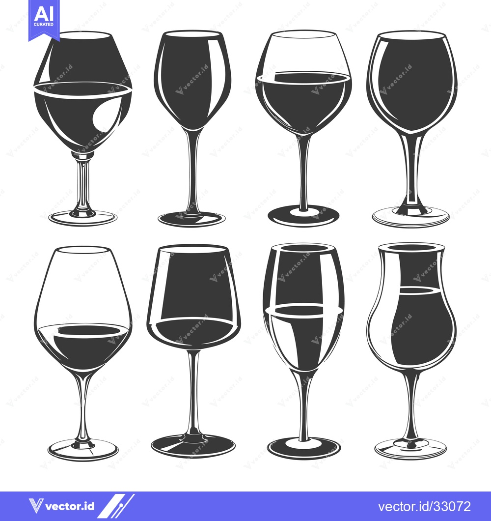 Premium Vector dari Collection of Eight Different Wine Glasses with Stems and Bases