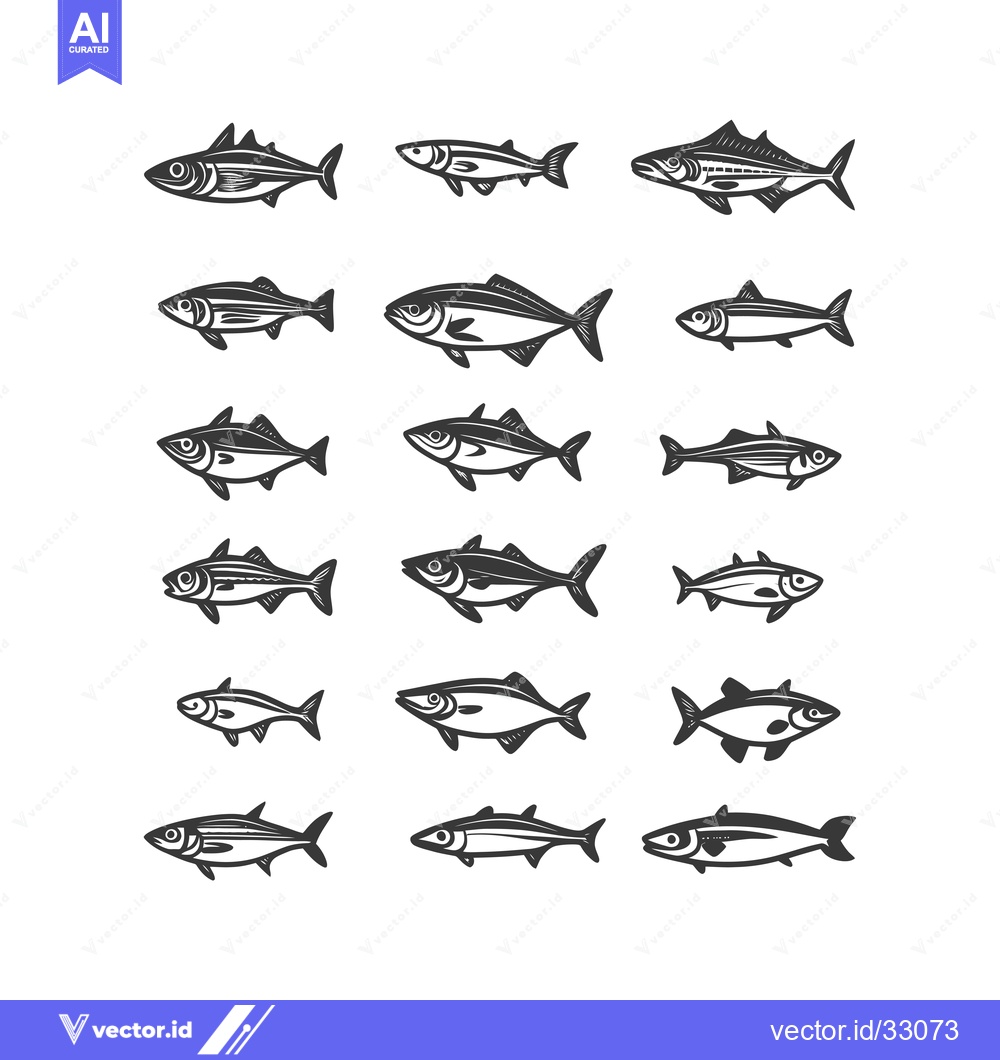 Premium Vector dari Collection of Eighteen Black and White Fish Illustrations