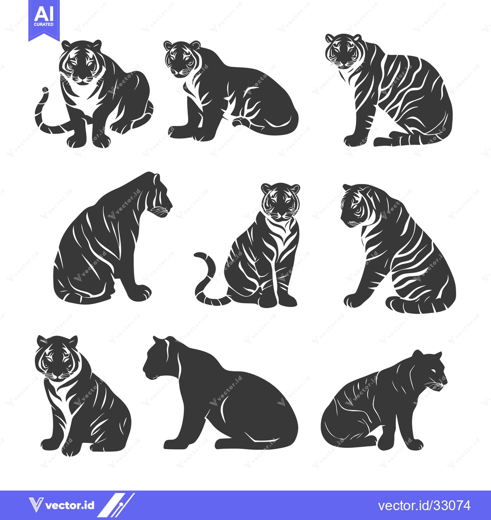 Premium Vector of Collection of Eight Silhouettes of Sitting Tigers