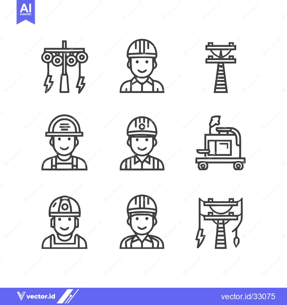 Premium Vector of Electrical Workers and Power Infrastructure Icons Set.