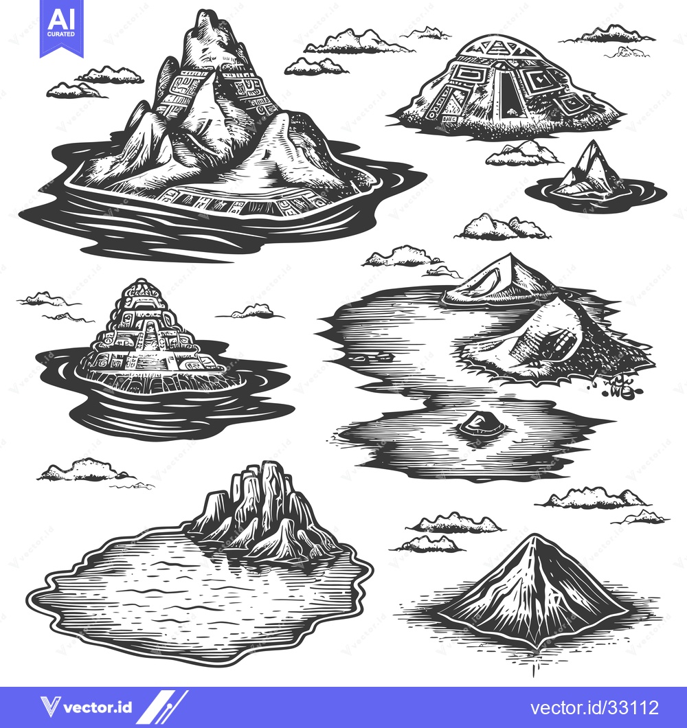 Premium Vector dari Collection of Engraved Illustrations of Mysterious Islands with Ancien
