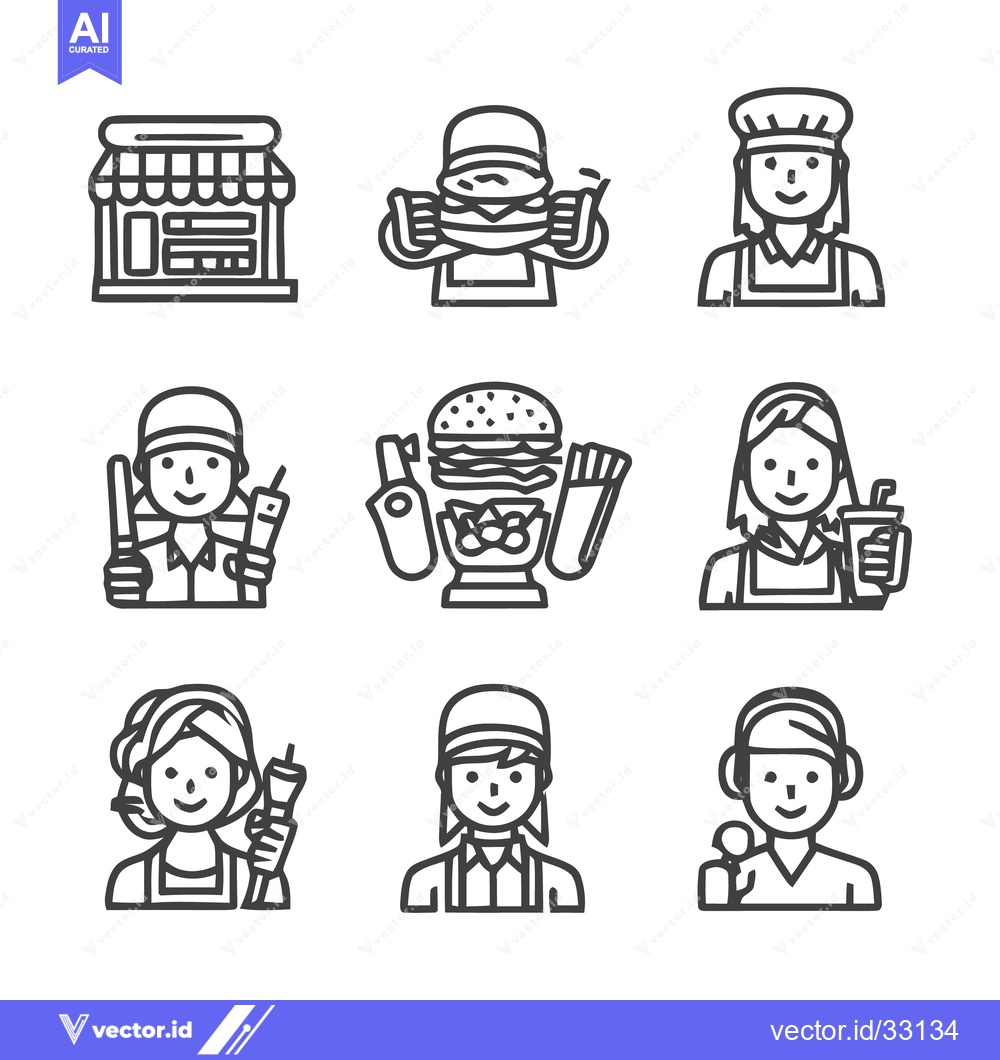 Premium Vector of Fast Food Restaurant and Staff Icon Set for Business.