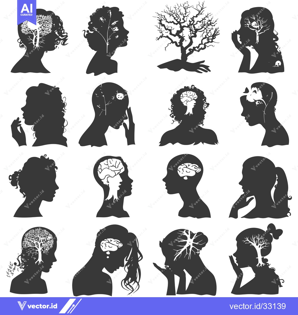 Premium Vector dari Collection of Female Silhouettes with Trees and Brains Inside Their He