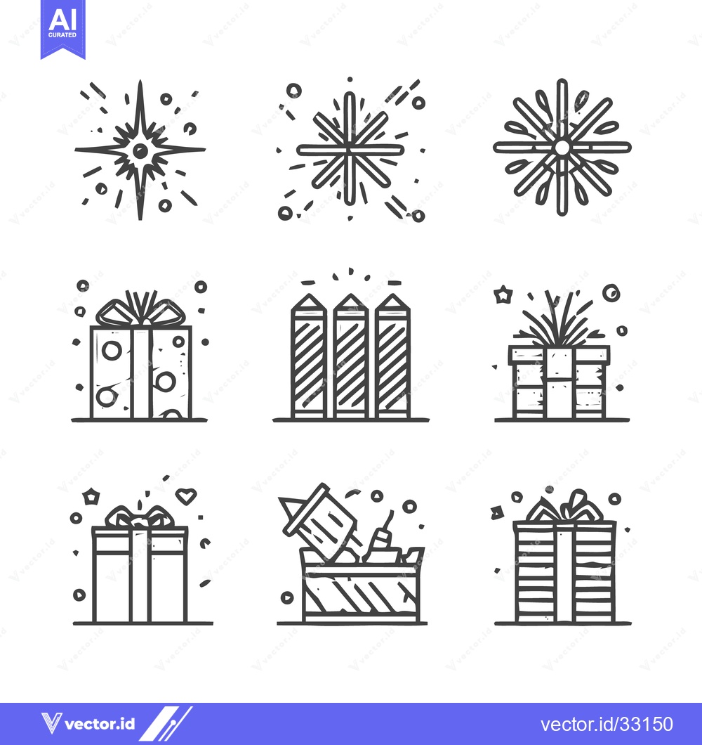 Premium Vector of Festive Holiday Icons - Presents, Fireworks, and Celebration Elements.