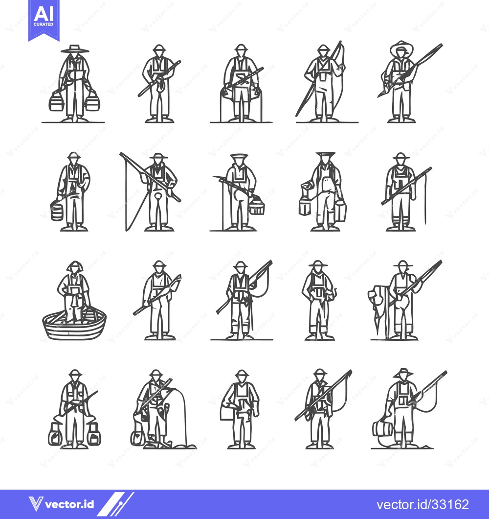 Premium Vector dari Fishermen in Various Poses - A Collection of Line Art Illustrations.