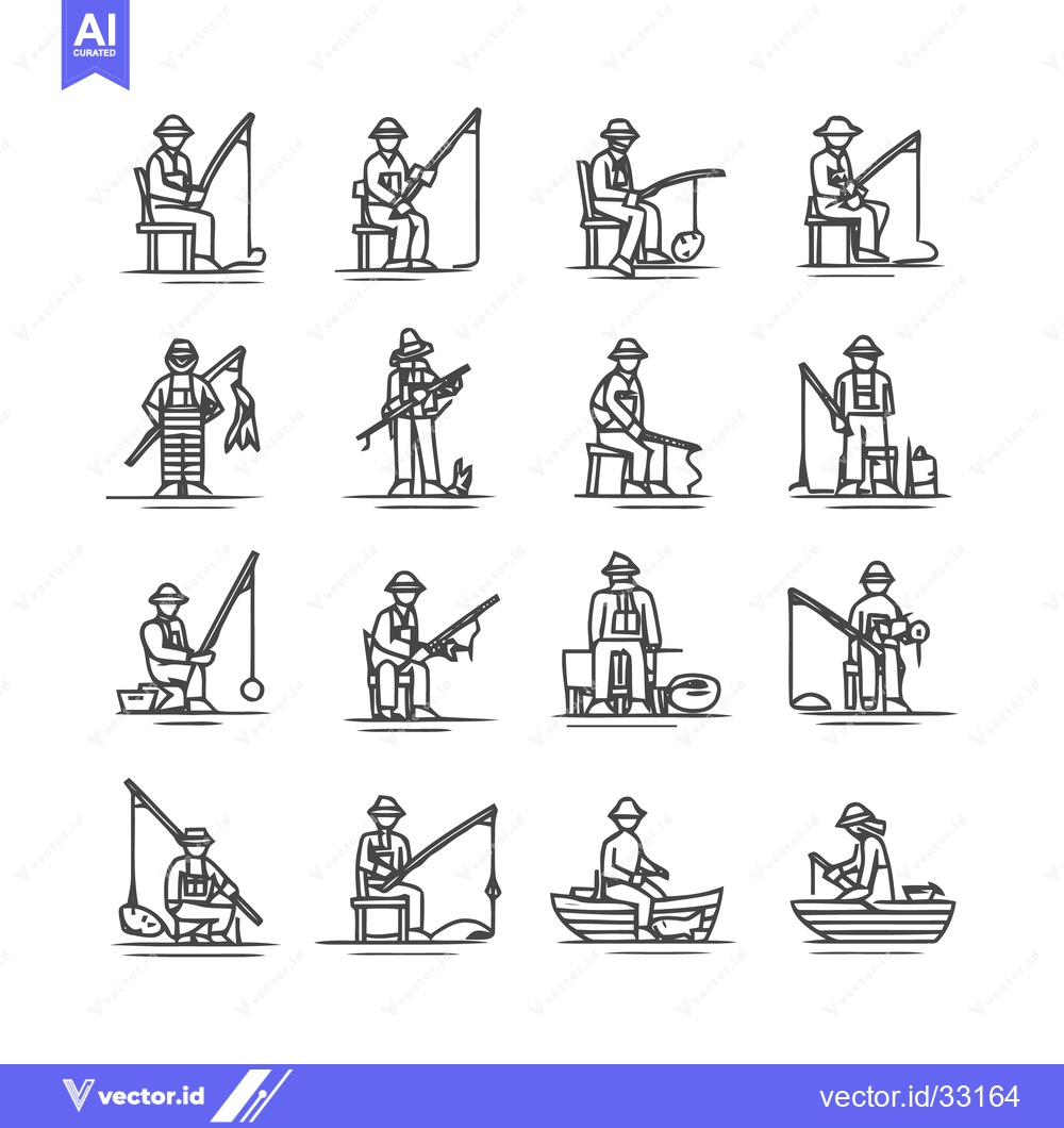 Premium Vector of Fishermen in Various Poses - A Collection of Fishing Illustrations.