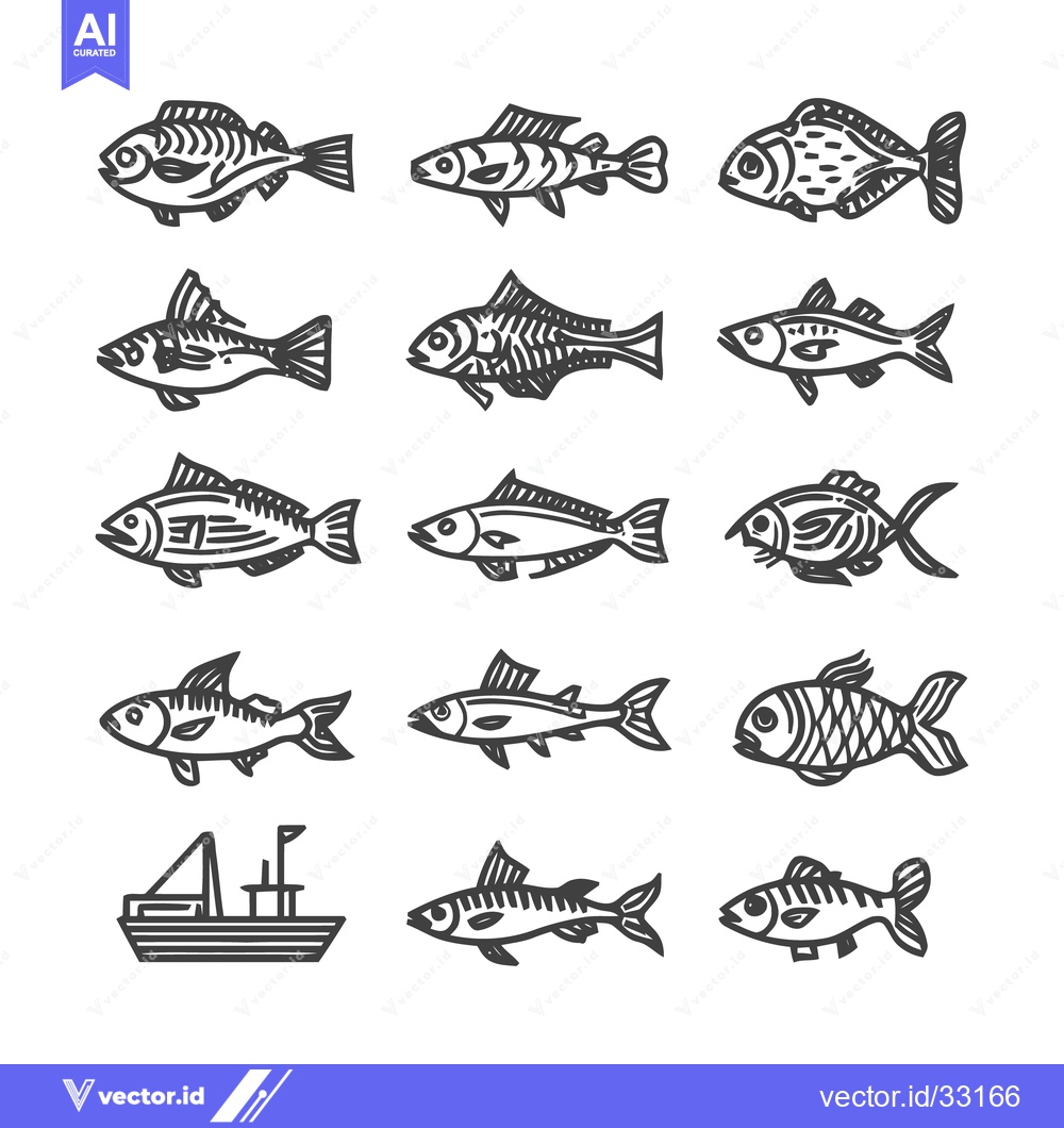 Premium Vector dari Collection of hand-drawn fish illustrations and a boat.