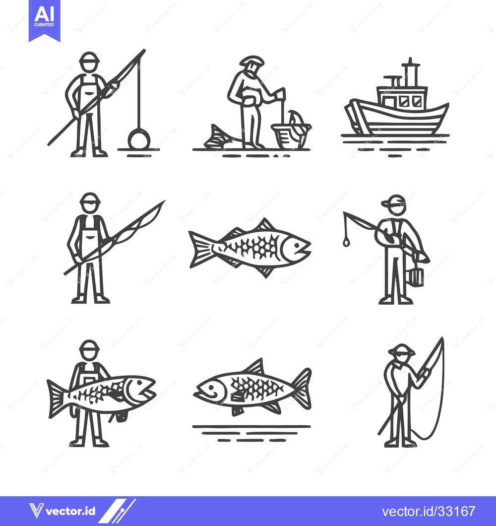Premium Vector dari Fishing Icons - Anglers, Fish, Boats, and Fishing Gear.