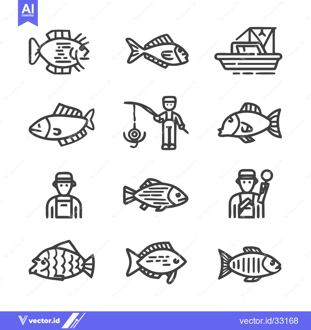 Premium Vector of Collection of Fish and Fishing Icons for Design.