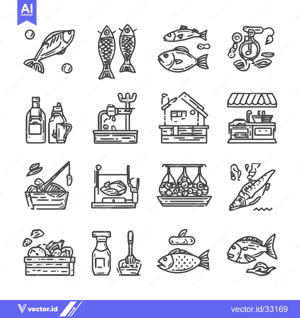 Premium Vector of Fish Market Icons - Seafood, Fishing, and Culinary Delights.