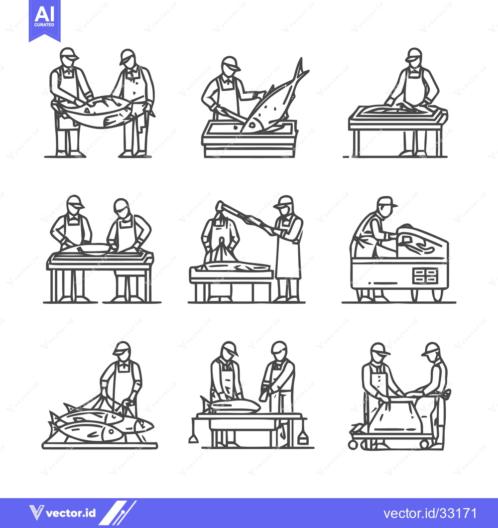Premium Vector of Butchers Processing Fish - A Detailed Line Art Illustration.