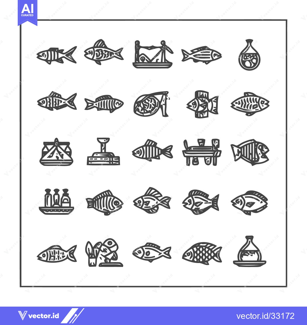 Premium Vector dari Collection of Fish and Related Objects in Monochrome Style.