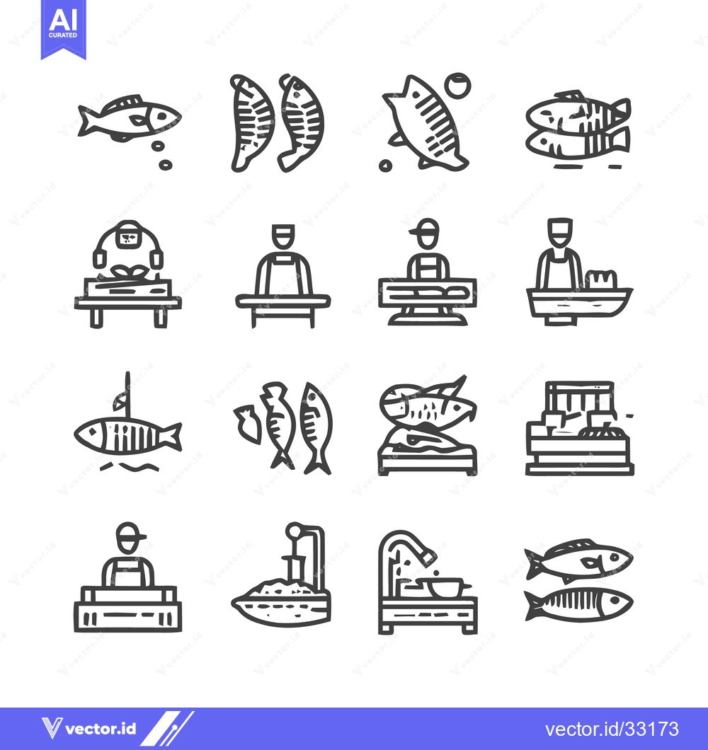 Premium Vector of Fish market icons set, seafood, fishmonger, fishing, catch, sale, shop