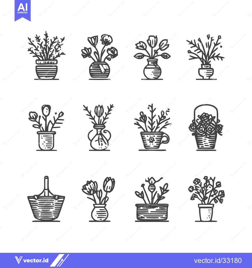 Premium Vector of Elegant Floral Arrangements in Various Vases and Baskets.