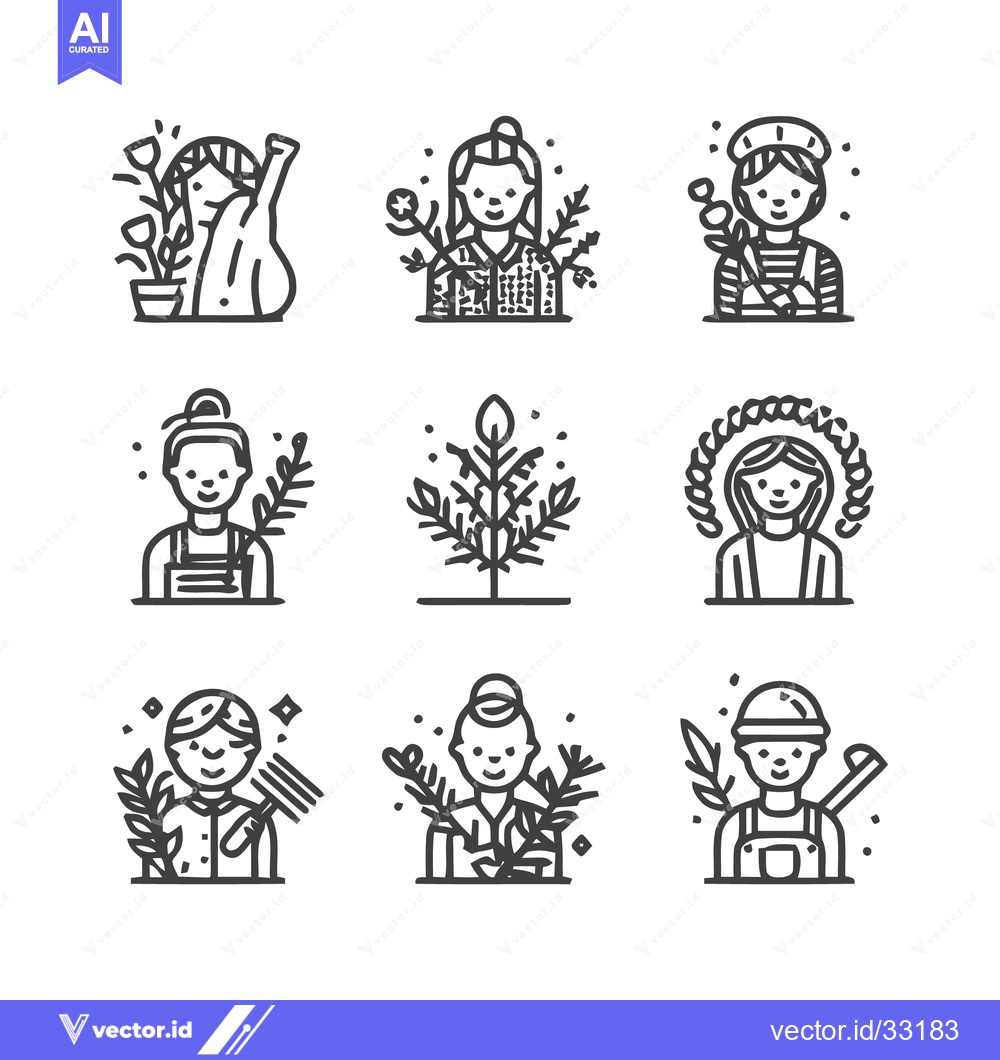 Premium Vector of Collection of Line Art Gardener and Farmer Illustrations.