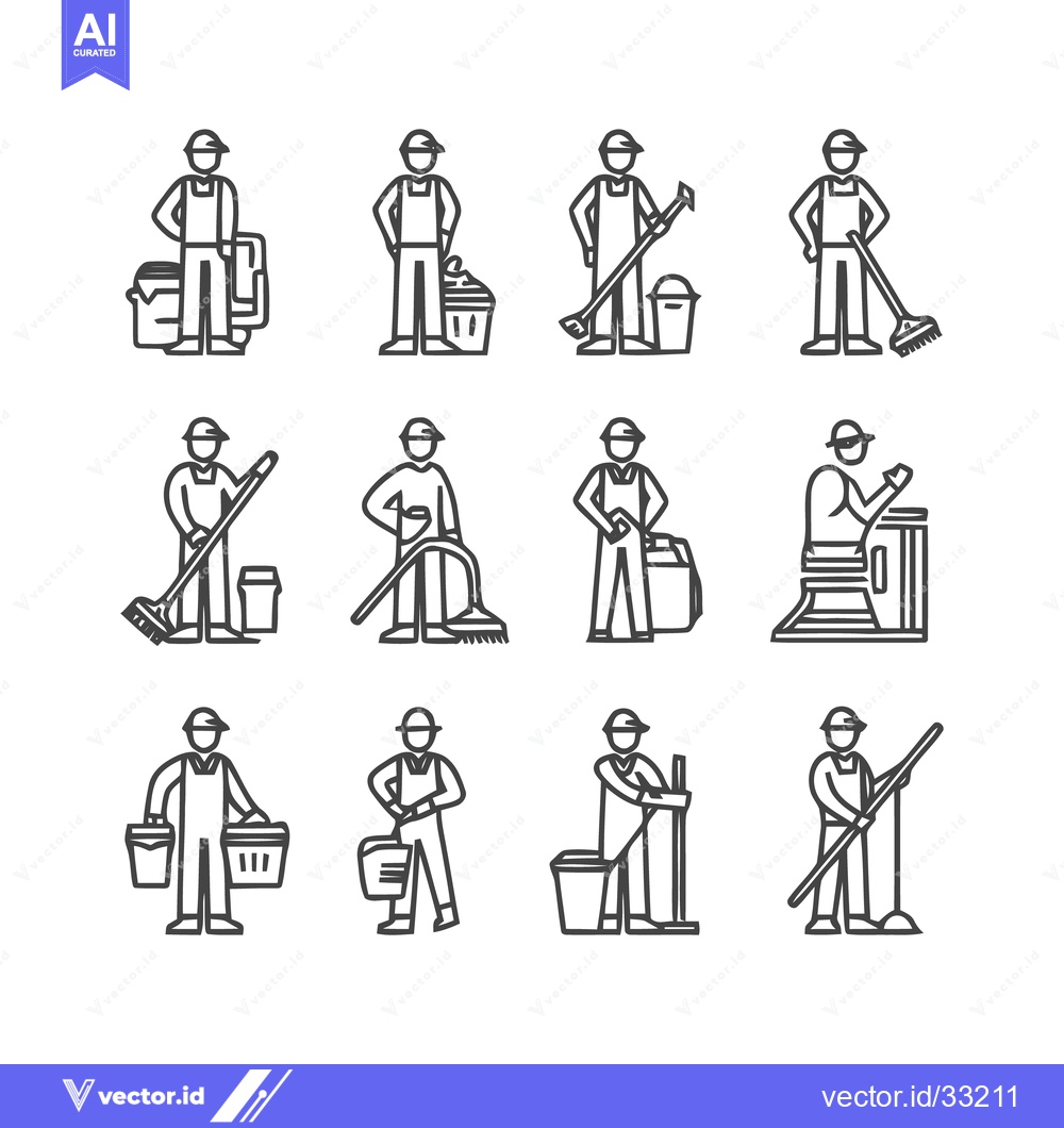 Premium Vector of Cleaning Crew - Diverse Line Art Illustrations of Janitors at Work.
