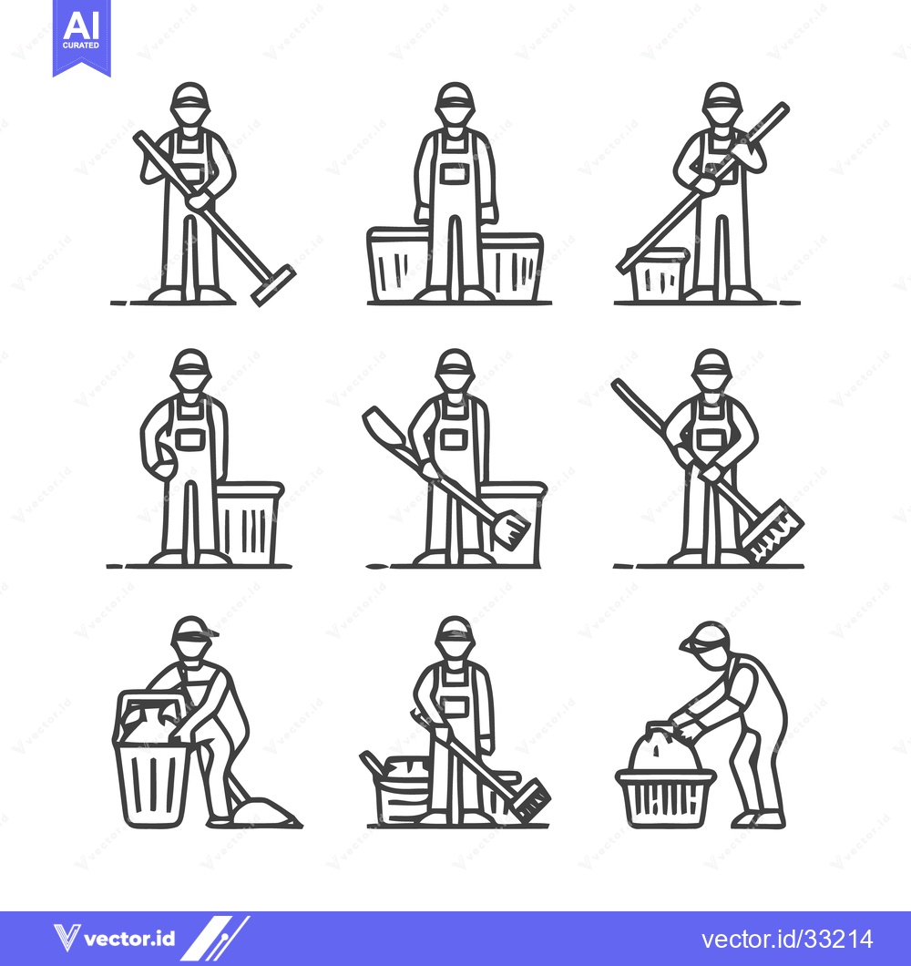Premium Vector of Cleaning Crew - A Collection of Line Art Illustrations.