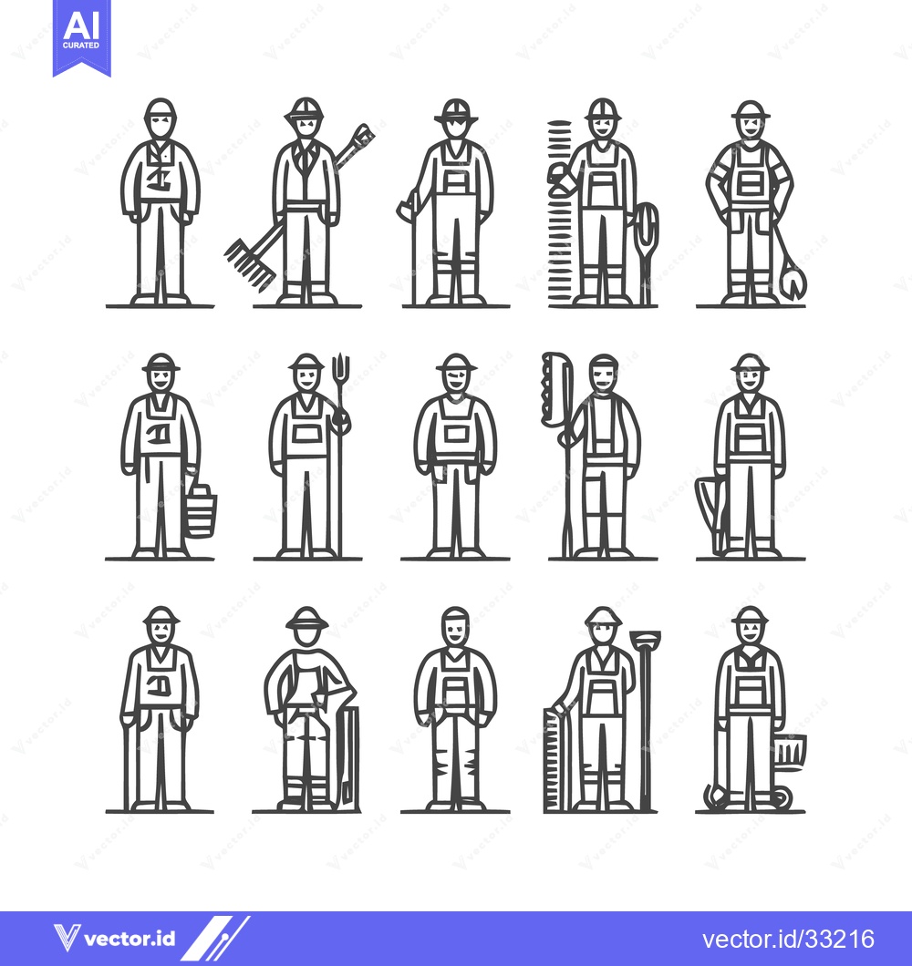 Premium Vector of Line art of various workers with tools and equipment.