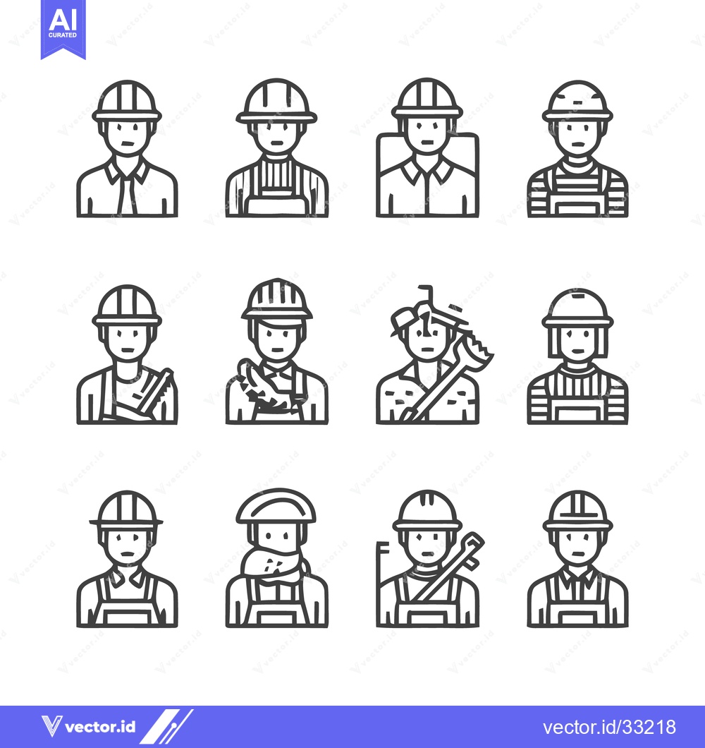 Premium Vector of Construction workers in hard hats and overalls, line art icons.