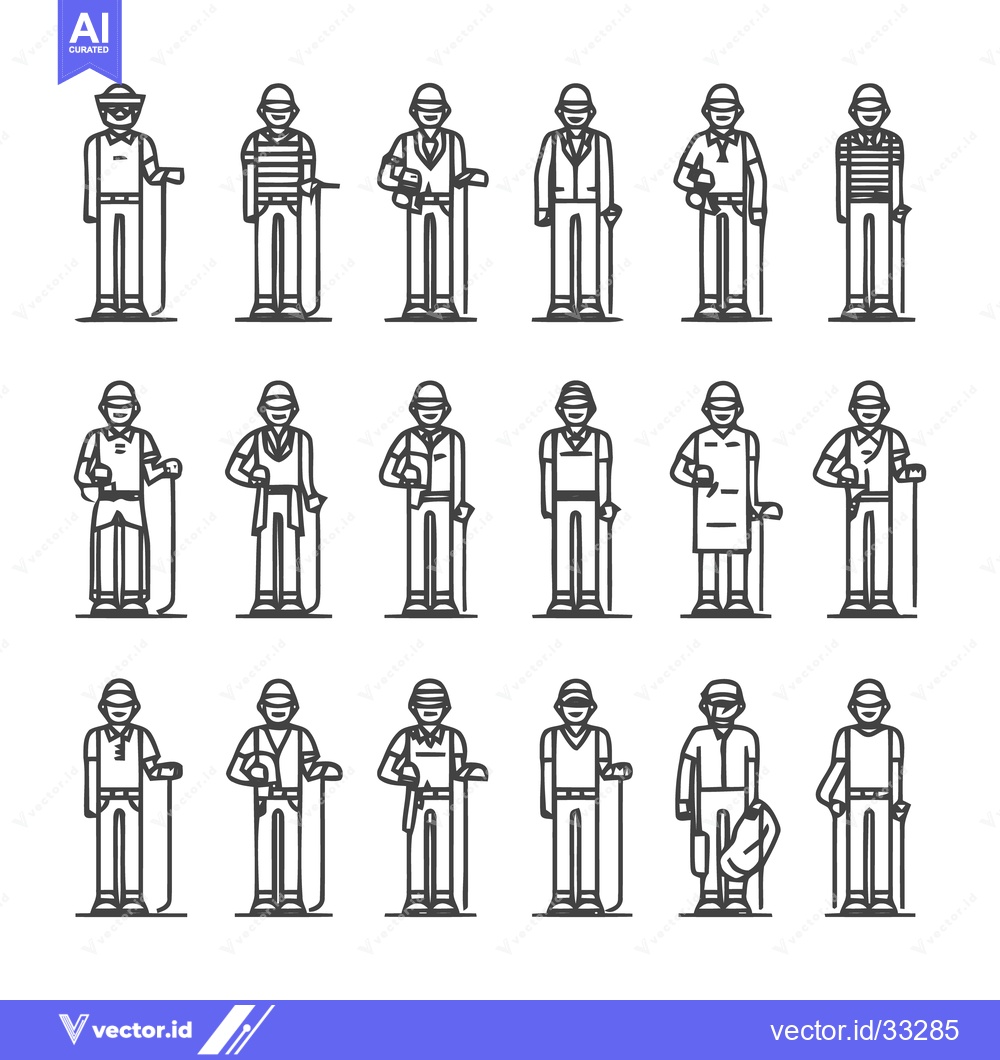 Premium Vector of Workers in Various Professions - A Detailed Line Art Illustration.