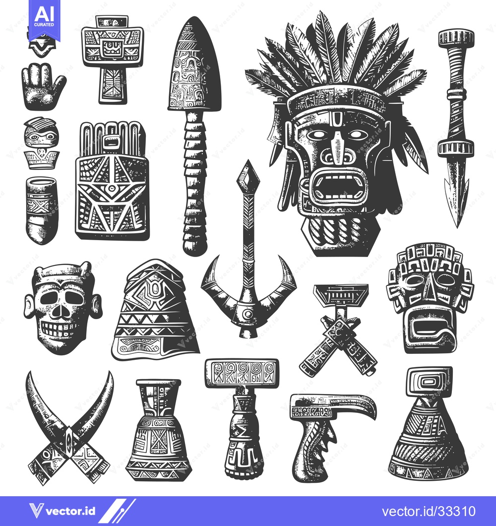 Premium Vector of Collection of Hand-Drawn Aztec and Mayan Artifacts