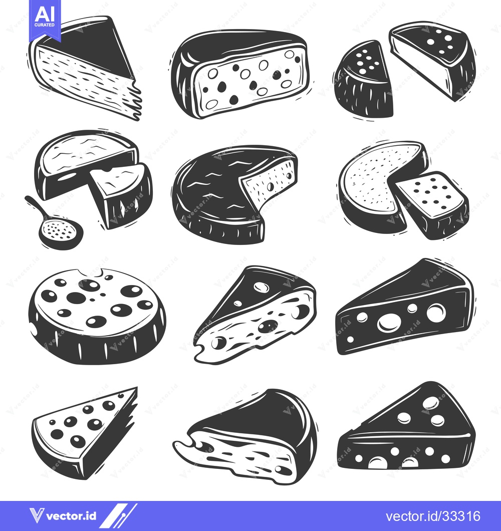 Premium Vector dari Collection of Hand Drawn Black and White Cheese Illustrations