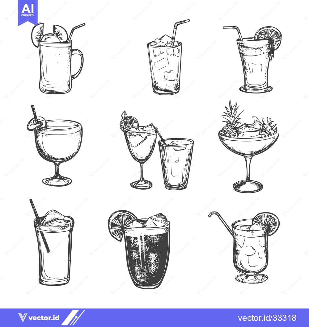 Premium Vector of Collection of Hand-Drawn Black and White Cocktails with Straws and Gar