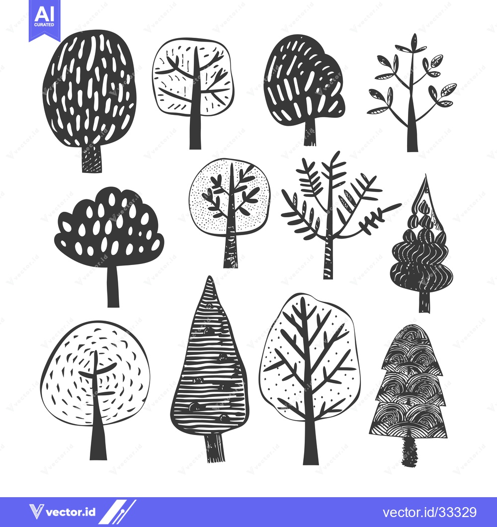 Premium Vector dari Collection of Hand-Drawn Black and White Trees