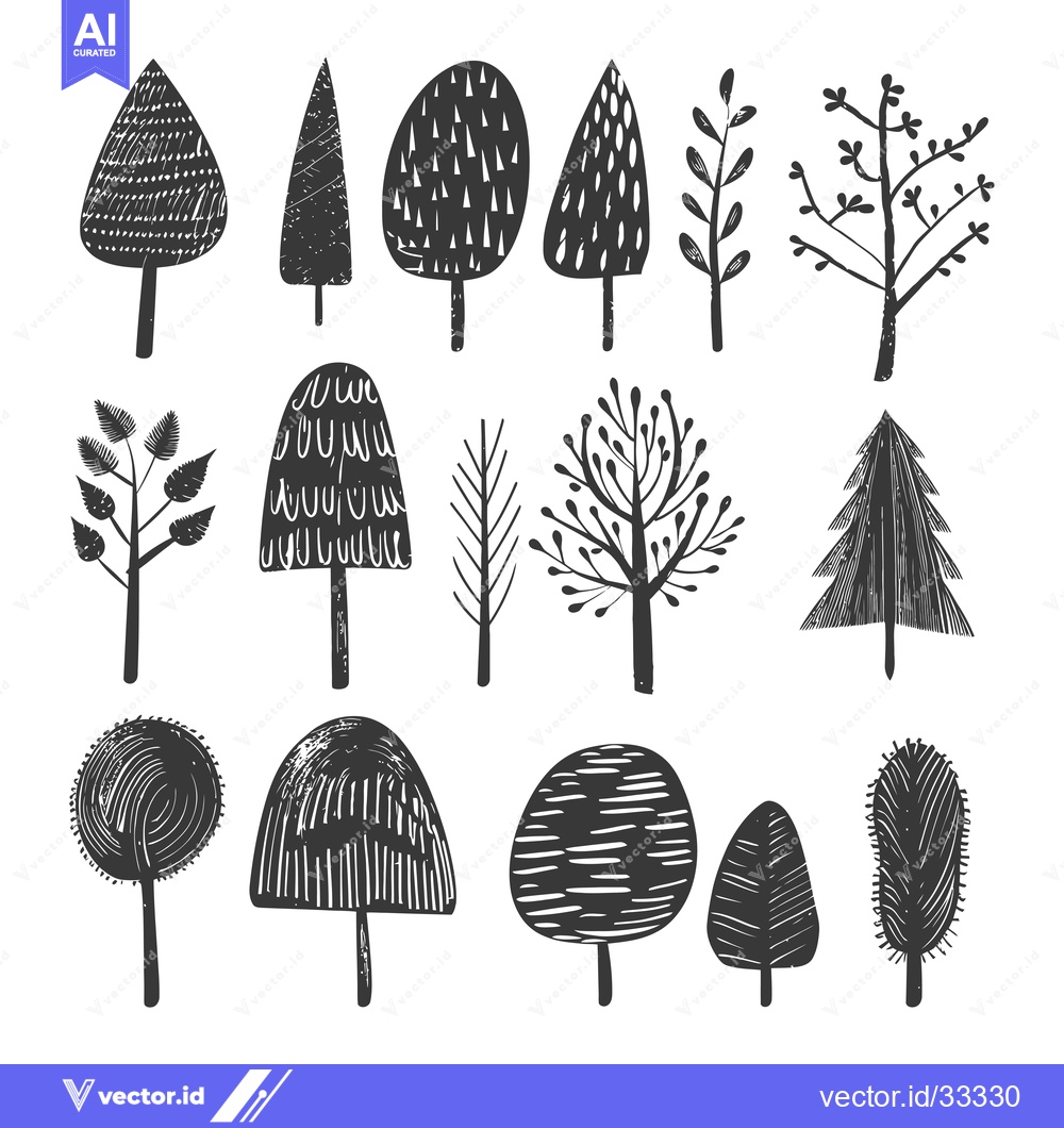 Premium Vector of Collection of Hand-Drawn Black and White Tree Silhouettes
