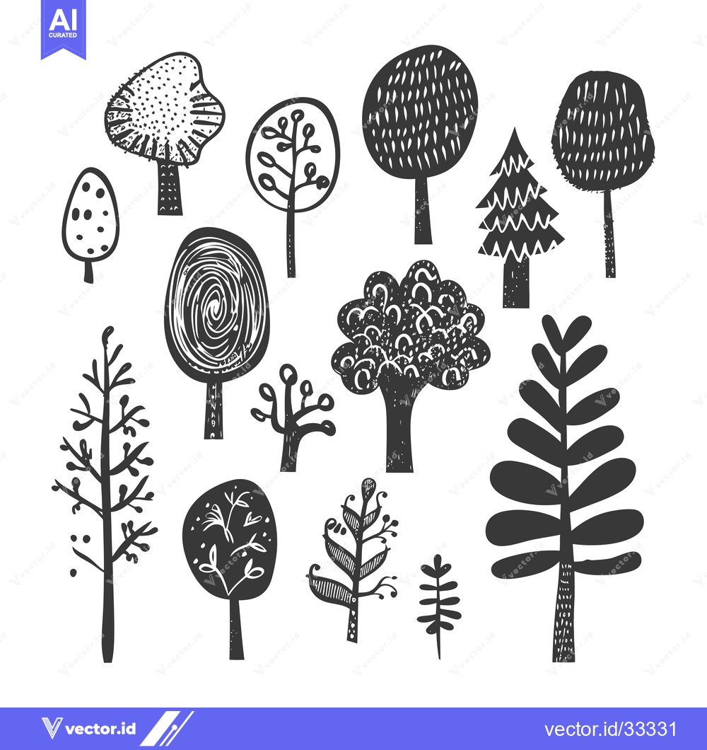 Premium Vector dari Collection of Hand-Drawn Black and White Trees with Distinctive Styles