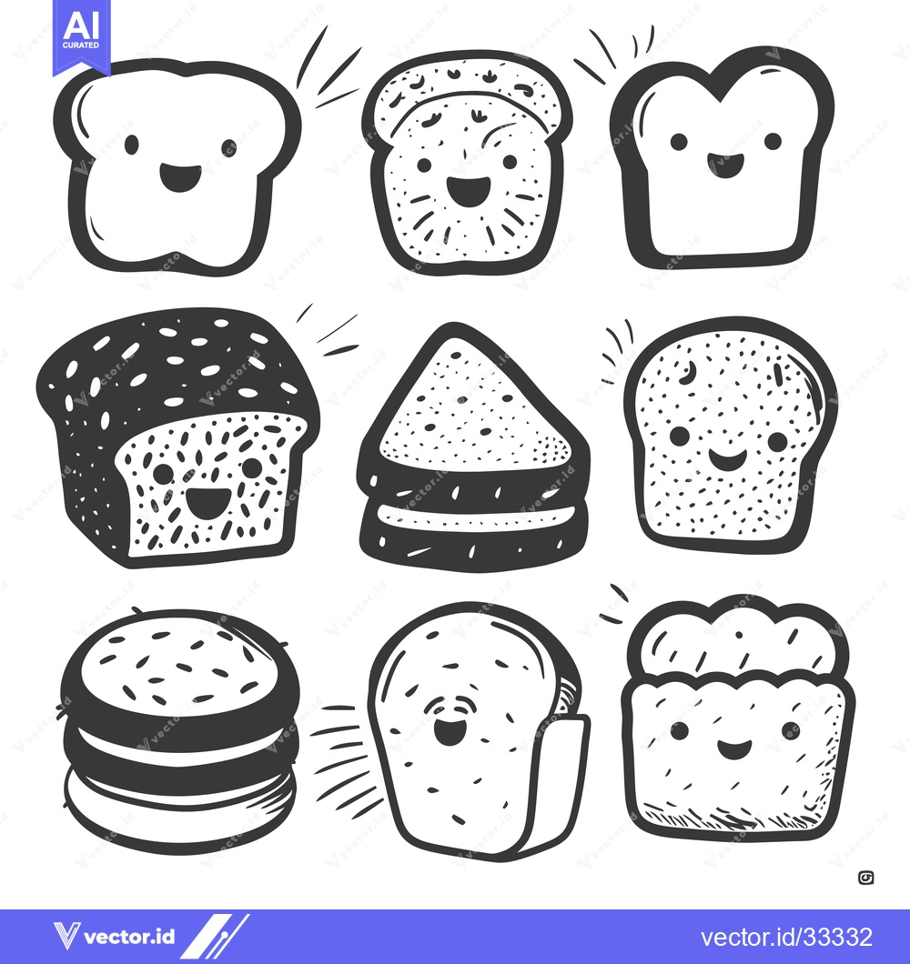 Premium Vector of Collection of Hand-Drawn Bread with Happy Faces