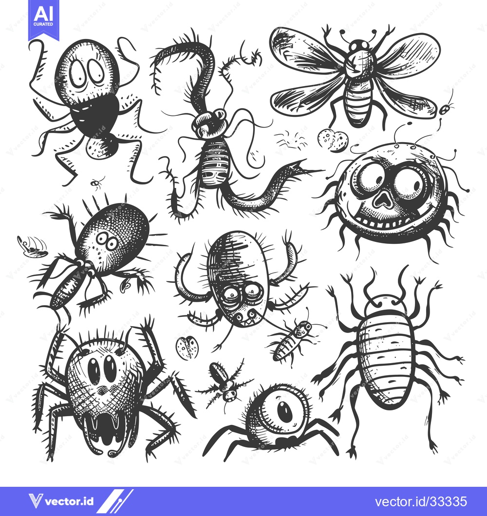 Premium Vector of Collection of Hand-Drawn Cartoon Insects with Spiky Legs and Big Eyes