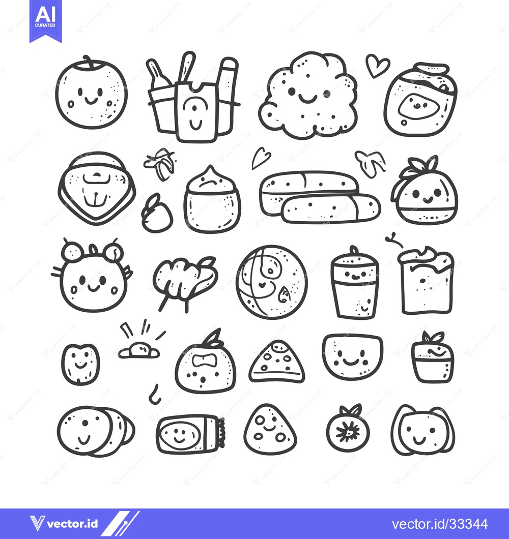 Premium Vector dari Collection of Hand-Drawn Cute Food Items with Smiling Faces