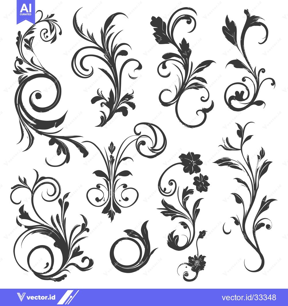 Premium Vector dari Collection of Hand-Drawn Floral Ornaments with Swirls and Flowers