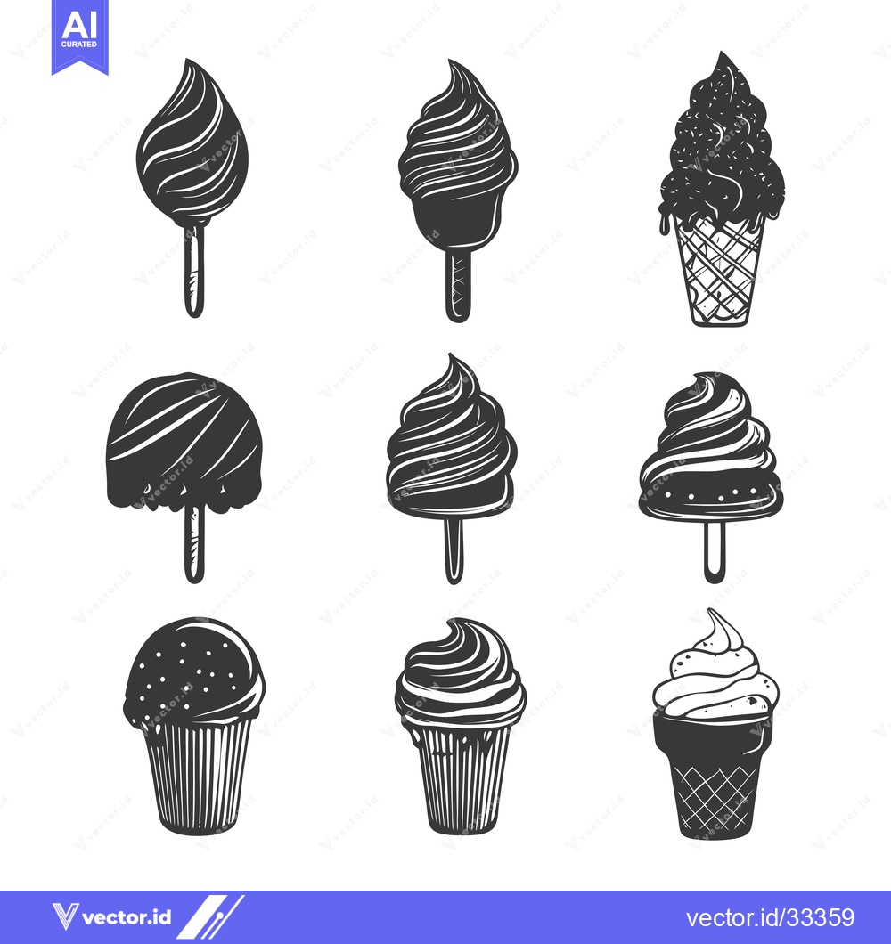 Premium Vector dari Collection of Hand Drawn Ice Cream and Cupcakes in Black and White
