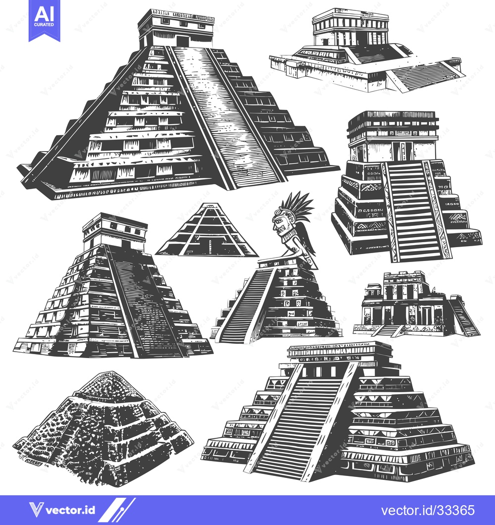 Premium Vector of Collection of Hand-Drawn Mayan Pyramids and Temples