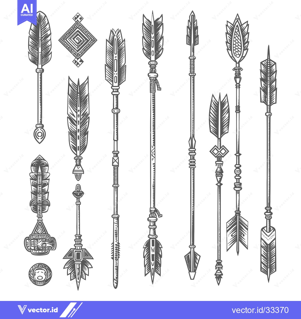 Premium Vector dari Collection of Hand-Drawn Ornate Arrows with Feathers and Tribal Motifs