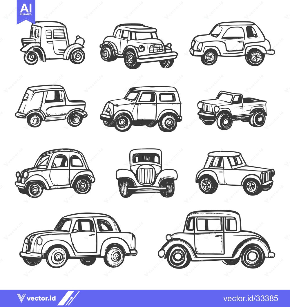 Premium Vector dari Collection of Hand-Drawn Vintage Cars in Outline Style