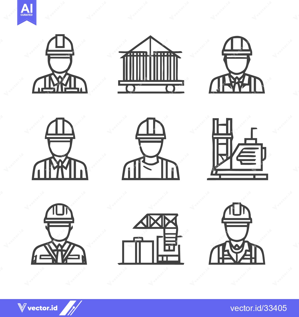 Premium Vector dari Construction workers and building elements in simple line art style.