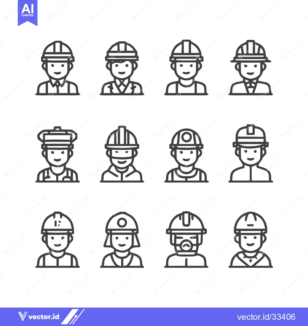 Premium Vector dari Construction Workers - Diverse Line Art Portraits in Safety Helmets.