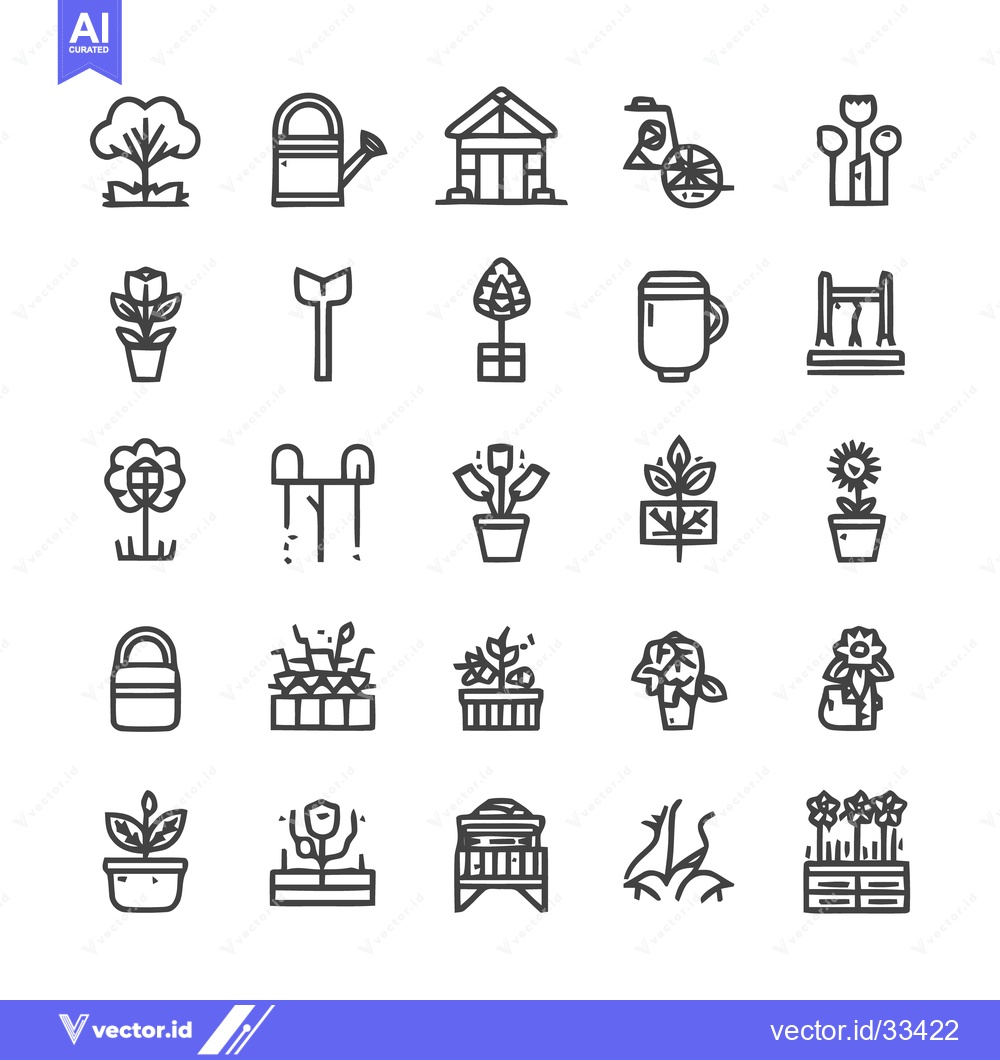 Premium Vector of Garden and Gardening Tools and Plants Line Art Icons.