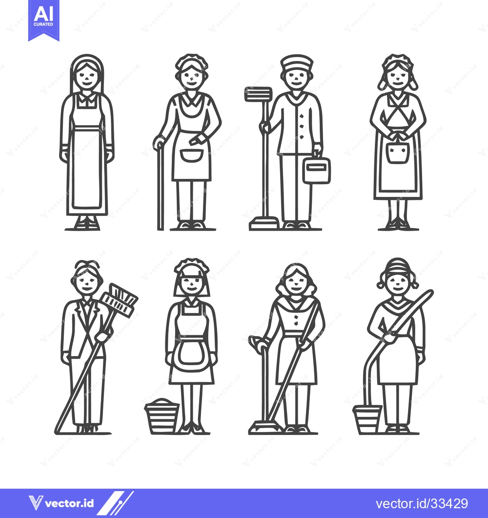 Premium Vector dari Line art illustrations of cleaning staff and maids.
