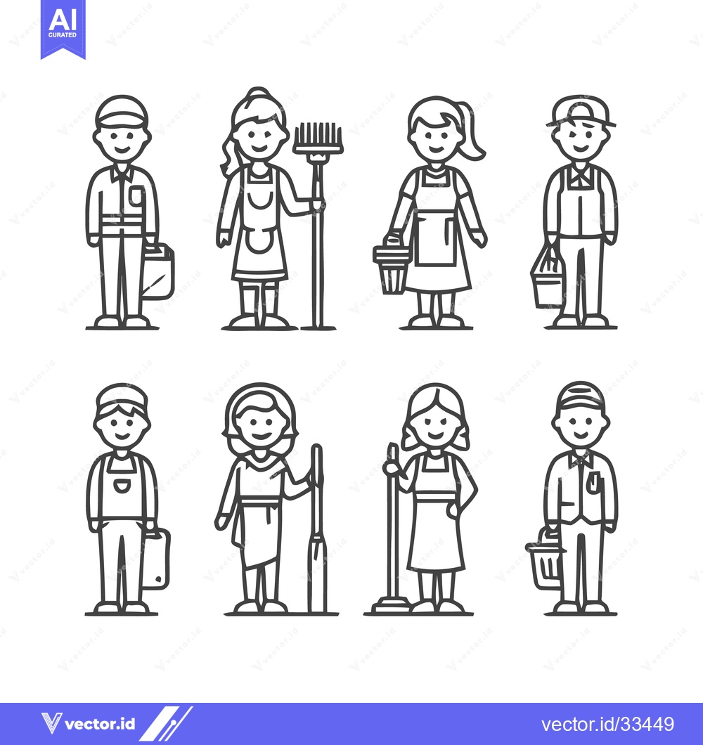 Premium Vector dari Line art illustrations of various cleaning service workers.