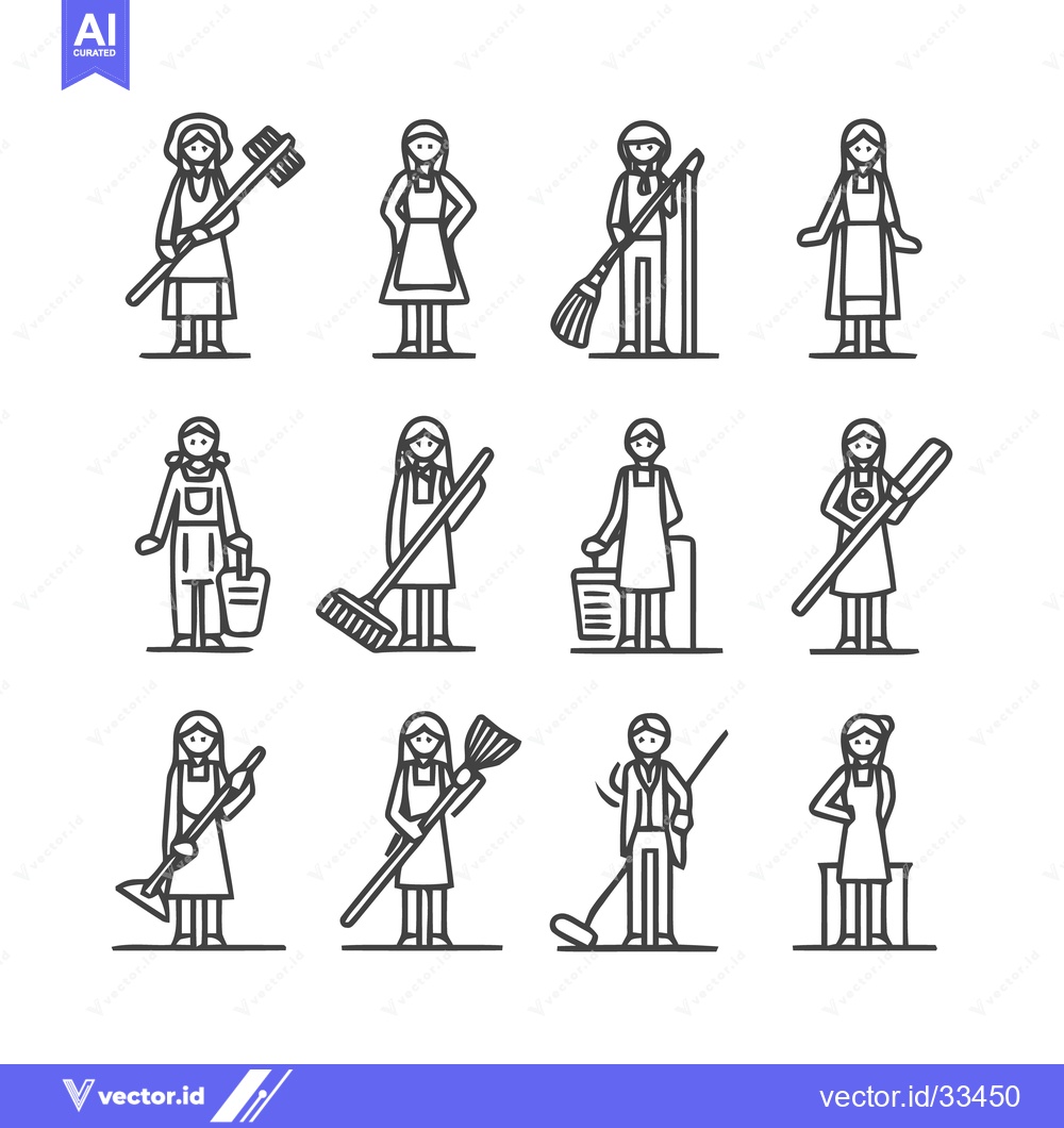 Premium Vector of Cleaning Lady Icon Set - A Collection of Vector Illustrations.