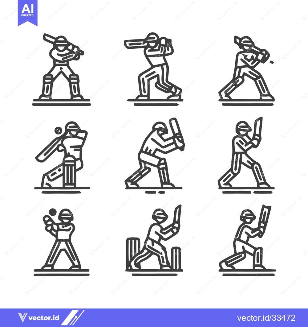 Premium Vector dari Cricket Players in Action - A Collection of Line Art Illustrations.