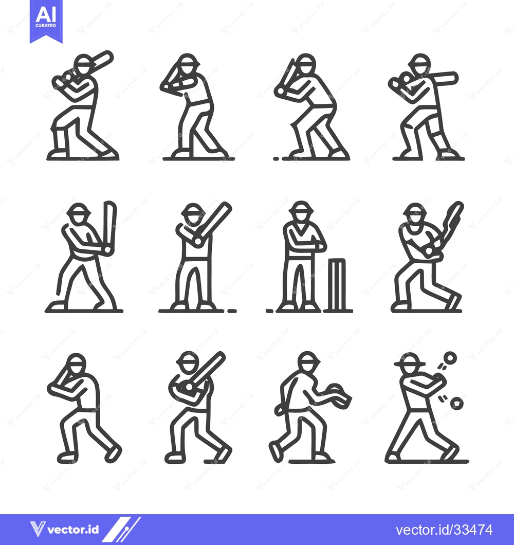 Premium Vector of Cricket action poses - Line art illustrations of players.