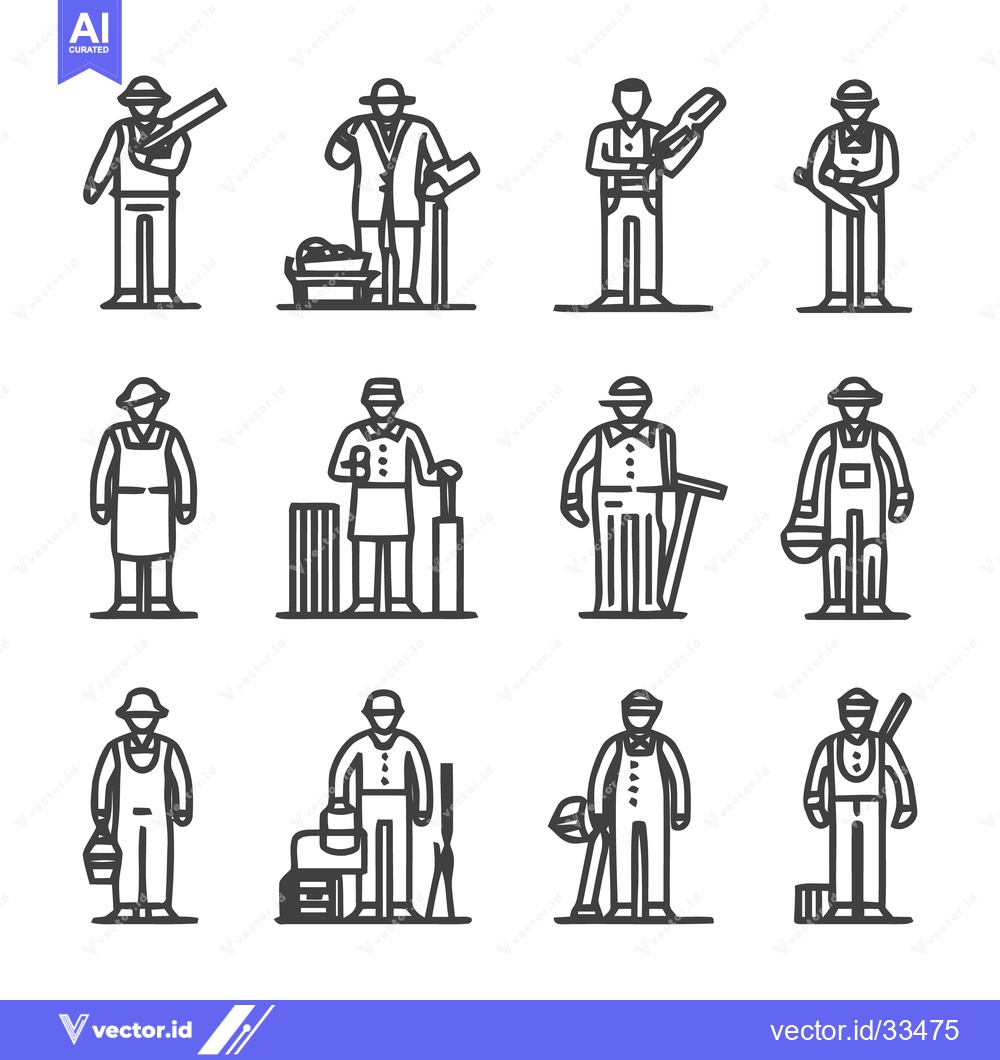 Premium Vector of Diverse Line Art Illustrations of Various Professions and Occupations.