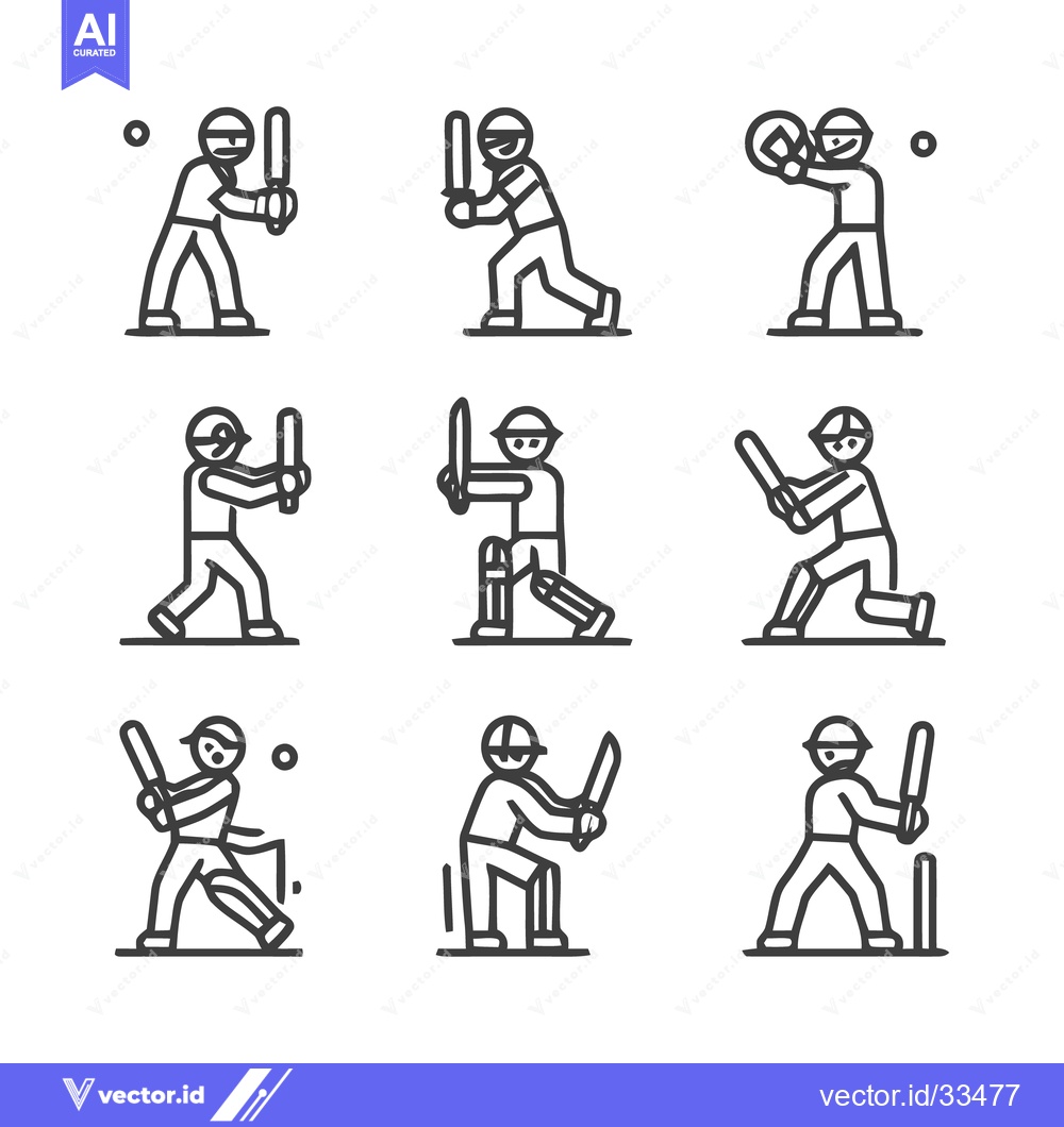 Premium Vector of Cricket Players in Action - A Collection of Line Art Illustrations.
