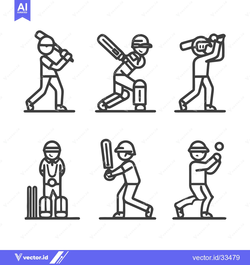 Premium Vector dari Cricket Players in Action - A Set of Line Art Illustrations.